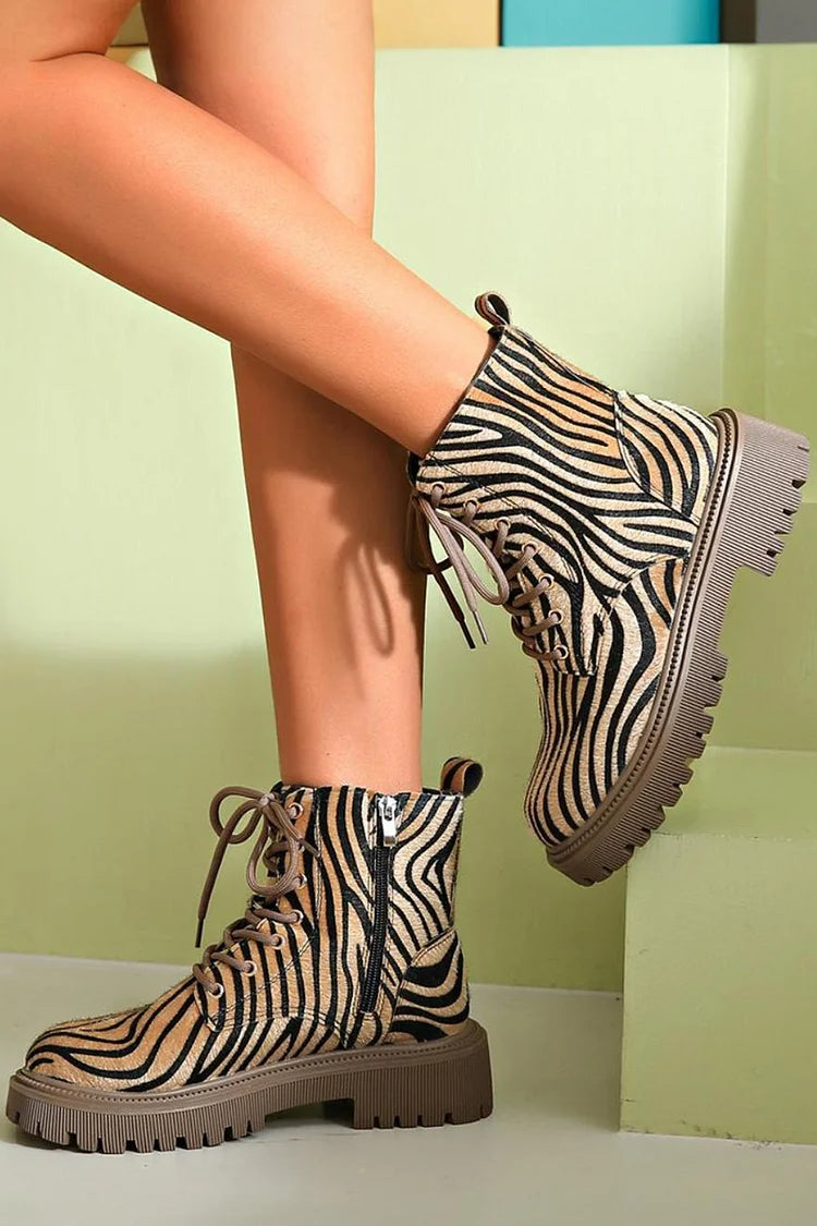 Zebra Print Patchwork Round Toe Lace Up Ankle Boots