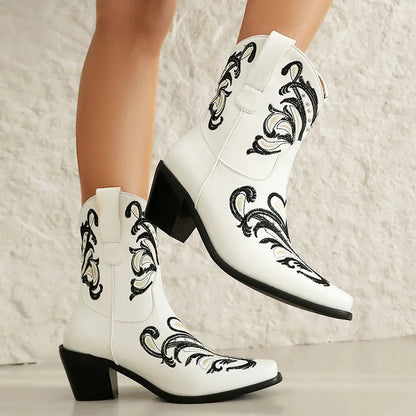 Embroidery Metallic Studded Square Toe Chunky Heel Western Boots