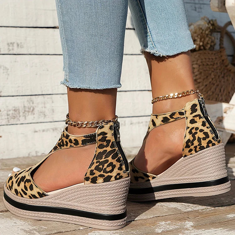 Leopard Print Cut Out Peep Toe Ankle Strap Platform Wedge Sandals