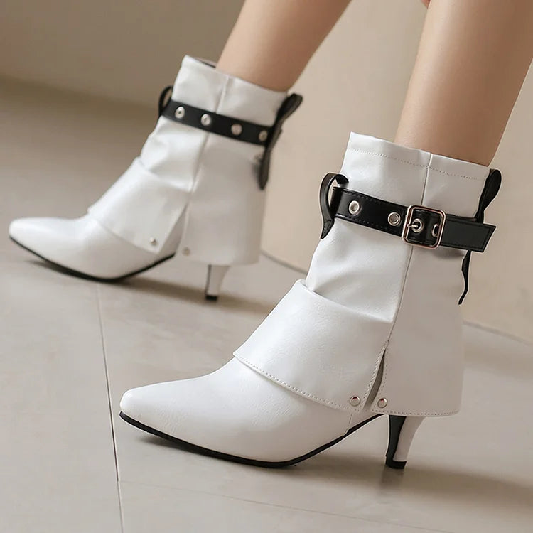 Colorblock Strap Buckle Fold Over Pointed Toe Kitten Heel Ankle Boots