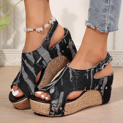 Denim Ripped Rivet Decor Cutout Slingback Strap Platform Wedge Sandals