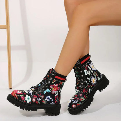 Multicolor Floral Print Patchwork Round Toe Chunky Heel Lace Up Ankle Boots