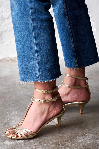 Hollow Out Ankle Straps Buckles Metallic Sheen Gold Kitten Heels [Pre Order]