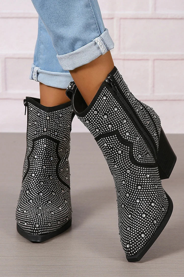 Rhinestone Decor Patchwork Zipper Pointed Toe Ankle Boots