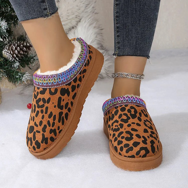 Leopard Print Fleece Lined Multicolor Trim Round Toe Snow Boots