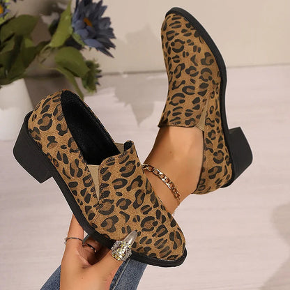 Leopard Print Round Toe Chunky Heel Casual Loafers