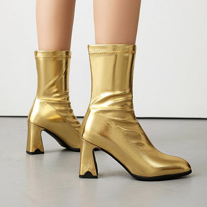 Metallic Sheen Solid Color Pointed Toe Chunky Heel Mid Calf Boots