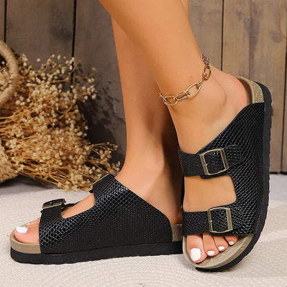 Crocodile Embossed Cutout Straps Buckles Platform Slippers