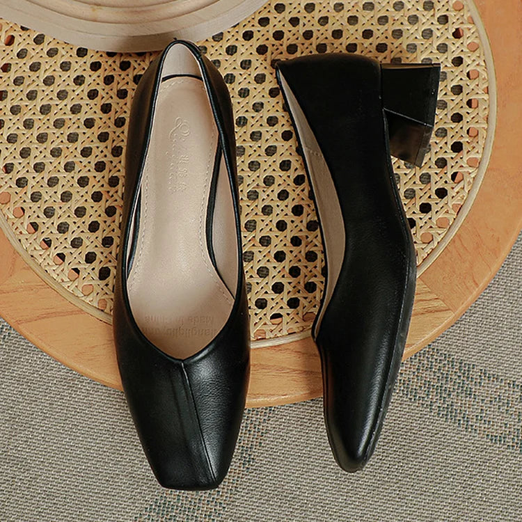 Elegant Square Toe Solid Color Slip On Chunky Heels