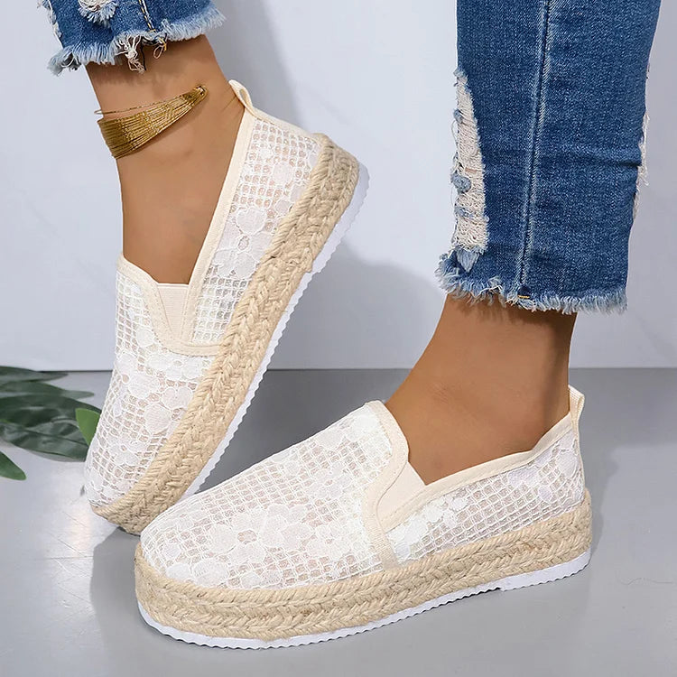 Mesh Patchwork Plaid Pattern Round Toe Espadrille Platform Loafers