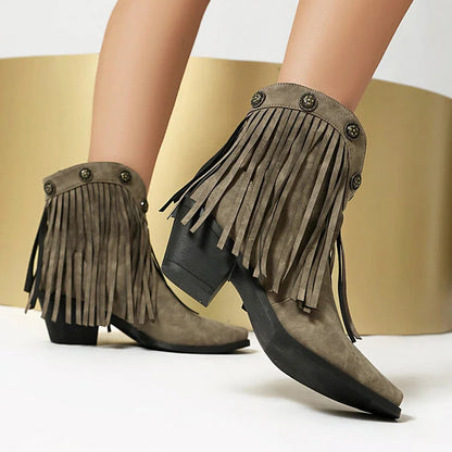 Fringed Trim Metallic Studded Square Toe Chunky Heel Ankle Boots