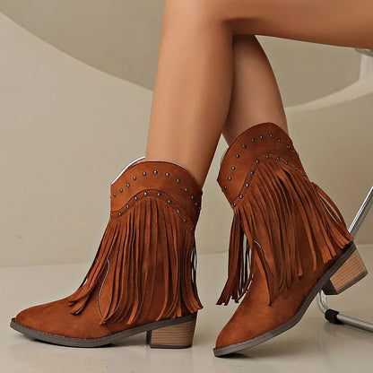 Metal Rivets Decor Fringed Trim Pointed Toe Chunky Heel Mid Boots