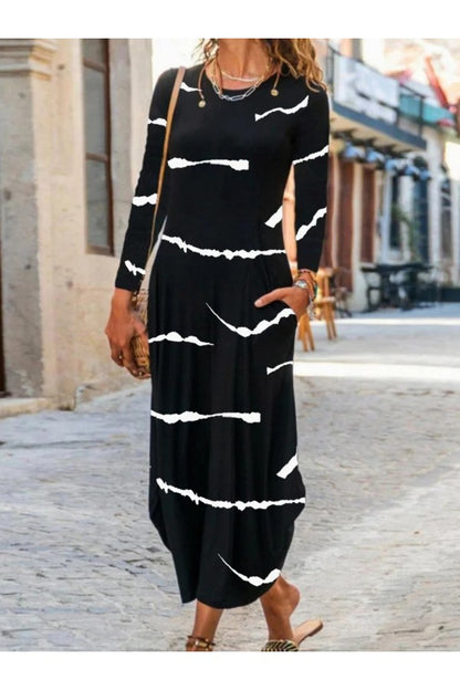 Casual Stripe Print Crew Neck Long Sleeve H-line Lightweight Daily Maxi Dress