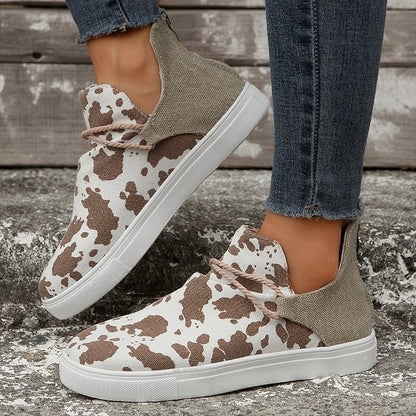 Cow Print Patchwork Round Toe Casual Flat Sneakers