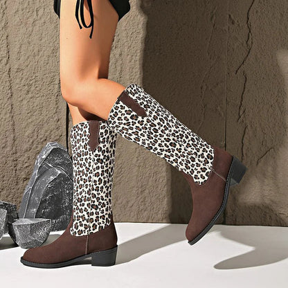 Leopard Print Patchwork Round Toe Chunky Heel Knee High Boots