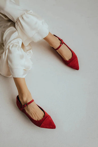 Patchwork Instep Strap Buckle Pointed Toe Red Flats [Pre Order]