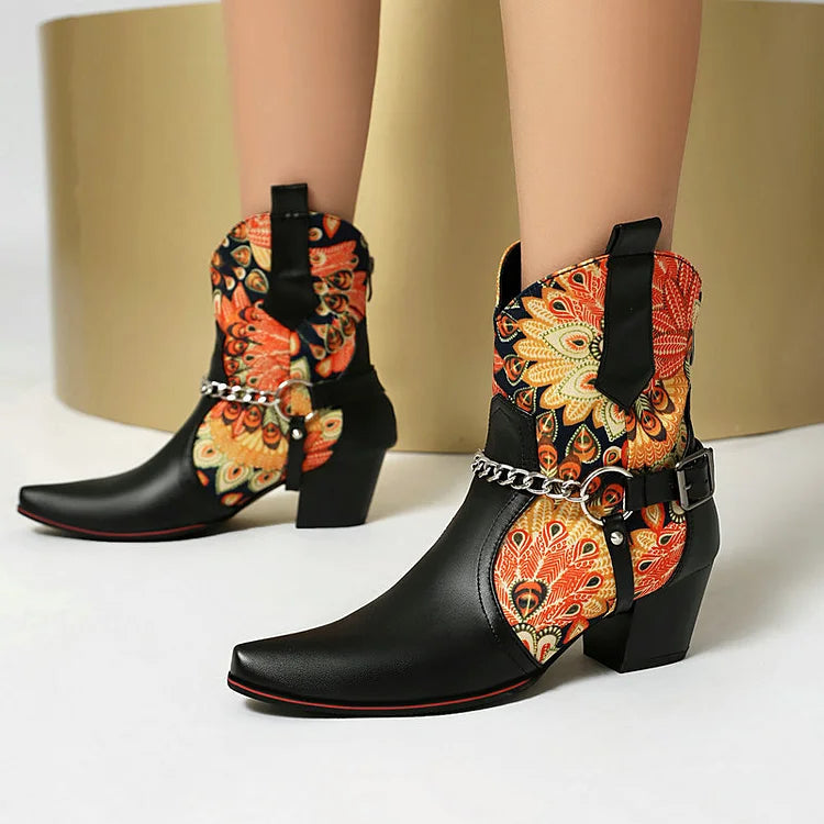 Floral Print Patchwork Chain Decor Pointed Toe Chunky Heel Ankle Boots