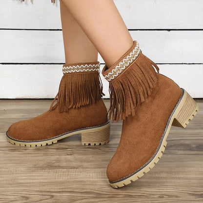 Round Toe Tassels Decor Zipper Chunky Heel Ankle Boots