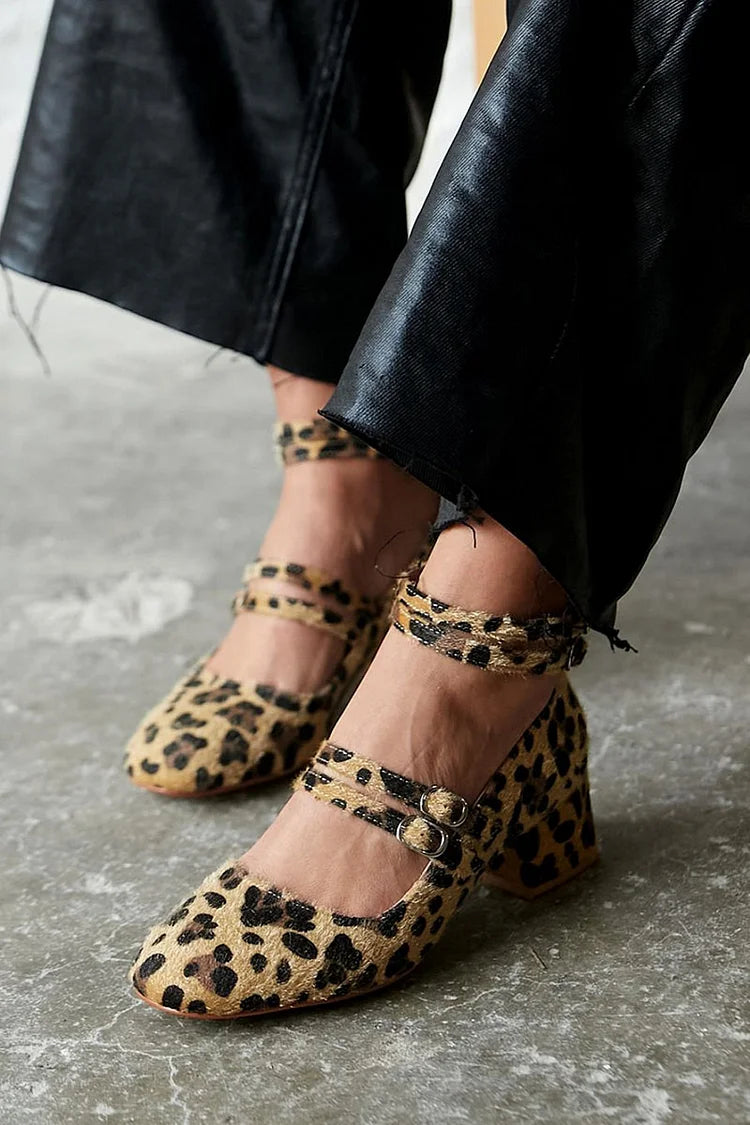 Leopard Pattern Multi Straps Buckles Khaki Chunky Heels