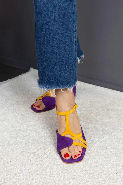 Irregular Colorblock Patchwork Square Toe Purple Chunky Heels