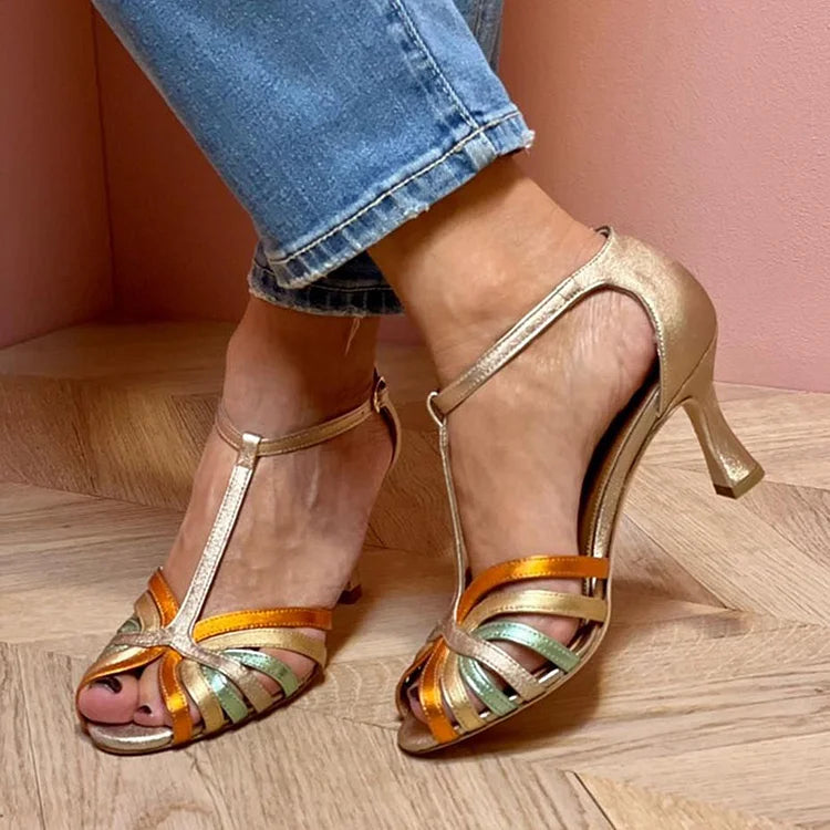 Multicolor Hollow Out T-Strap Buckle Gold Stiletto Heels [Pre Order]
