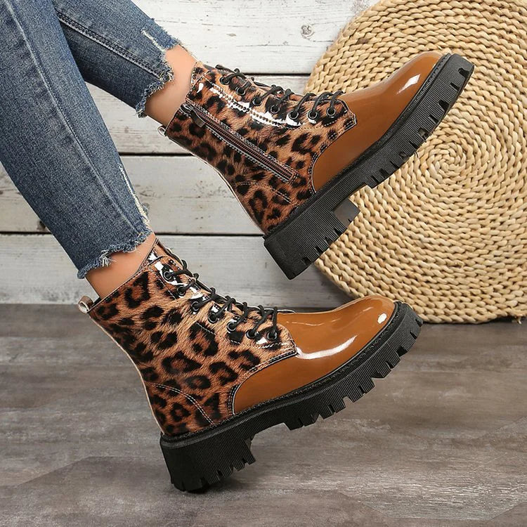 Patchwork Leopard Print Round Toe Chunky Heel Lace Up Mid Boots