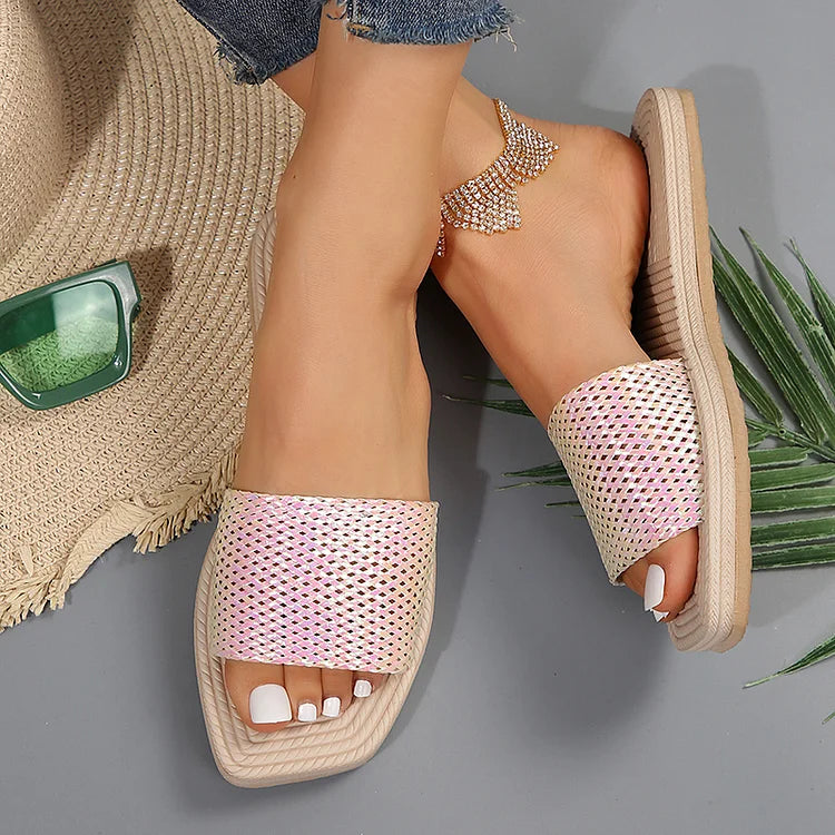 Crochet Hollow Out Instep Belt Square Toe Textured Slippers