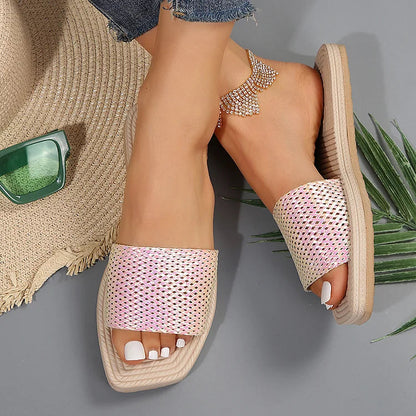 Crochet Hollow Out Instep Belt Square Toe Textured Slippers