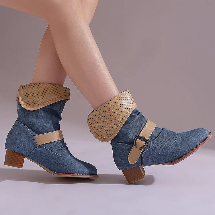 Colorblock Fold Patchwork Strap Buckle Chunky Heel Ankle Boots