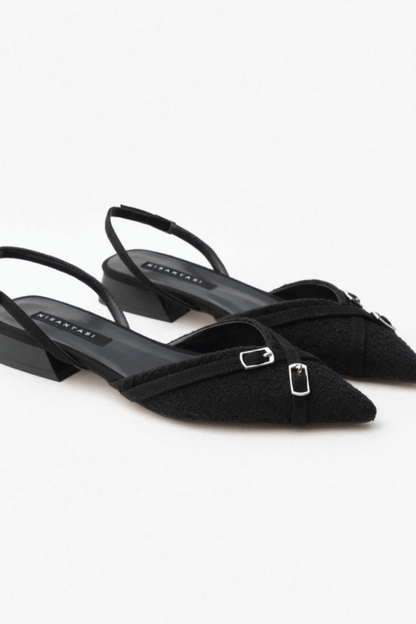 Strap Buckle Pointed Toe Black Slingback Flats