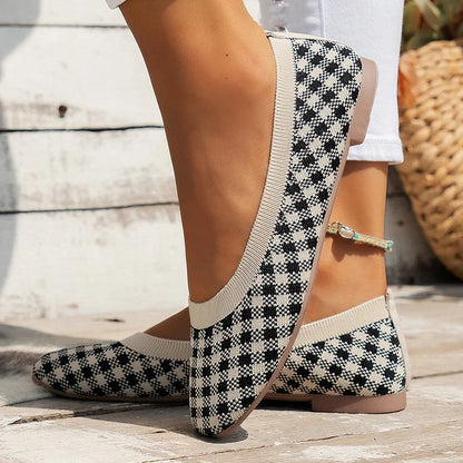 Casual Plaid Print Square Toe Slip On Lightweight Knit Flats