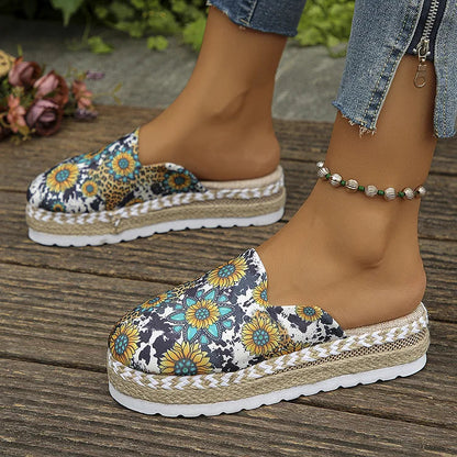 Sunflower Print Closed Toe Espadrille Platform Slippers