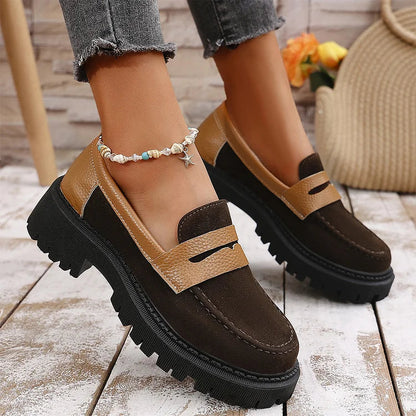 Colorblock Round Toe Patchwork Chunky Heel Casual Loafers