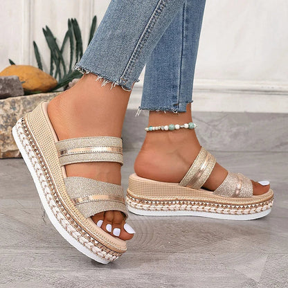 Shimmering Patchwork Studded Decor Seam Platform Wedge Slippers