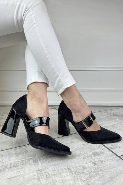 Crocodile Pattern Pointed Toe Black Chunky Heels [Pre Order]