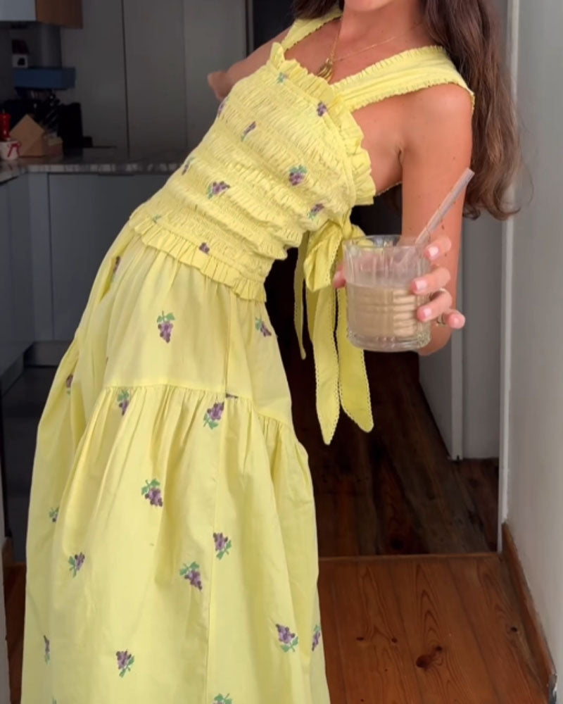 Elegant Vacation Grape-Print Lace-Up Dress