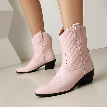 Stitch Detail Pointed Toe Patchwork Chunky Heel Ankle Boots