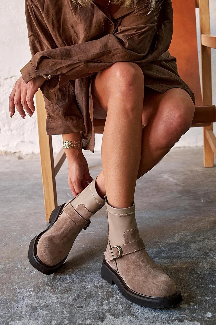 Patchwork Strap Buckle Round Toe Taupe Ankle Boots [Pre Order]