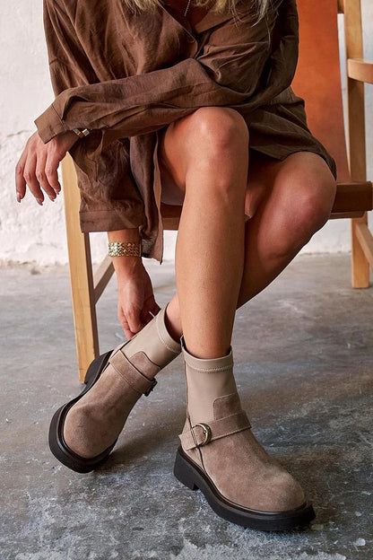 Patchwork Strap Buckle Round Toe Taupe Ankle Boots [Pre Order]