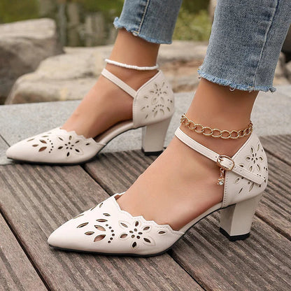 Openwork Design Pointed Toe Ankle Strap Buckle Chunky Heels