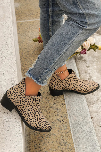 Leopard Print Zipper Pointed Toe Low Block Heel Ankle Boots