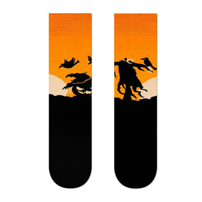 Halloween Haunted House Pumpkin Skull Sunset Crow Print Mid Calf Socks