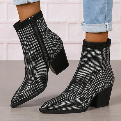 Rhinestone Pointed Toe Zipper Chunky Heel Ankle Boots