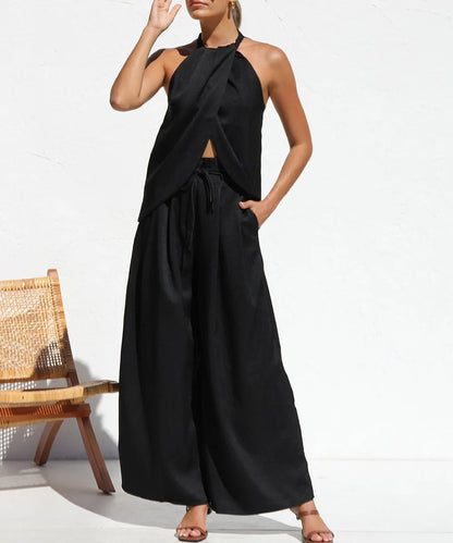 Summer Sleeveless Black Two-piece Suit
