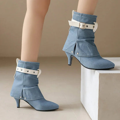 Colorblock Strap Buckle Fold Pointed Toe Stiletto Heel Ankle Boots