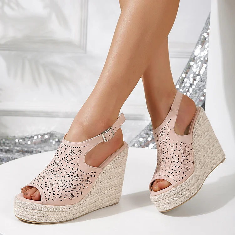 Openwork Hollowed Peep Toe Slingback Strap Espadrille Platform Wedge Sandals