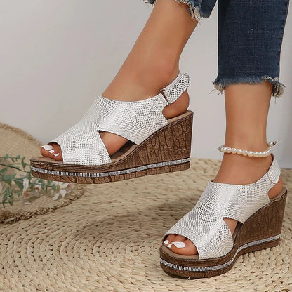 Snake Print Cut Out Peep Toe Slingback Strap Wedge Platform Sandals