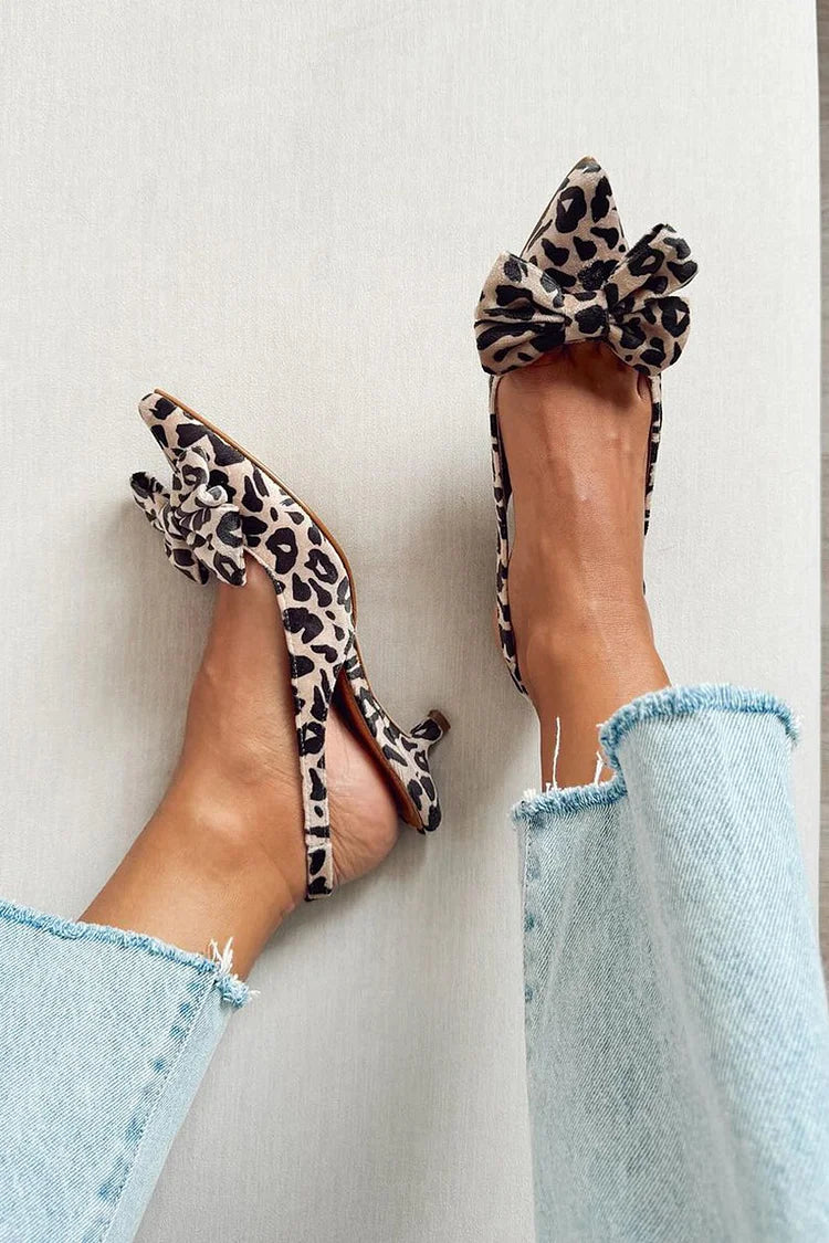 Leopard Print Bow Pointed Toe Slingback Beige Kitten Heels [Pre Order]