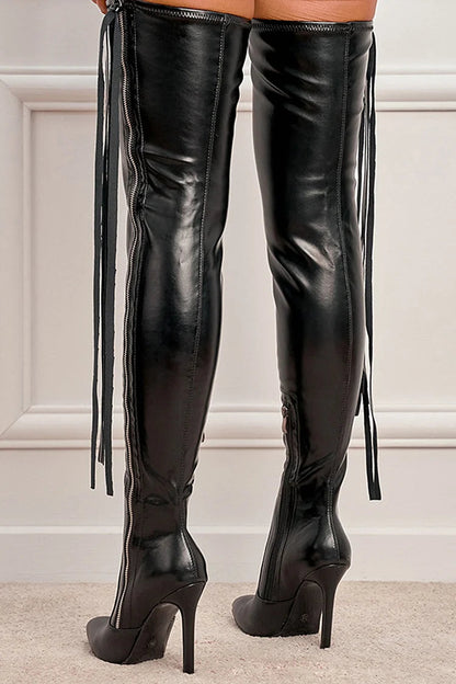 Long Fringe Zipper Patchwork Pointed Toe Stiletto Heel Over The Knee Boots