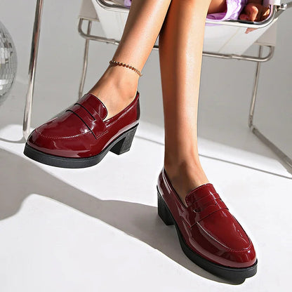 Solid Color Patchwork Round Toe Chunky Heel Casual Loafers